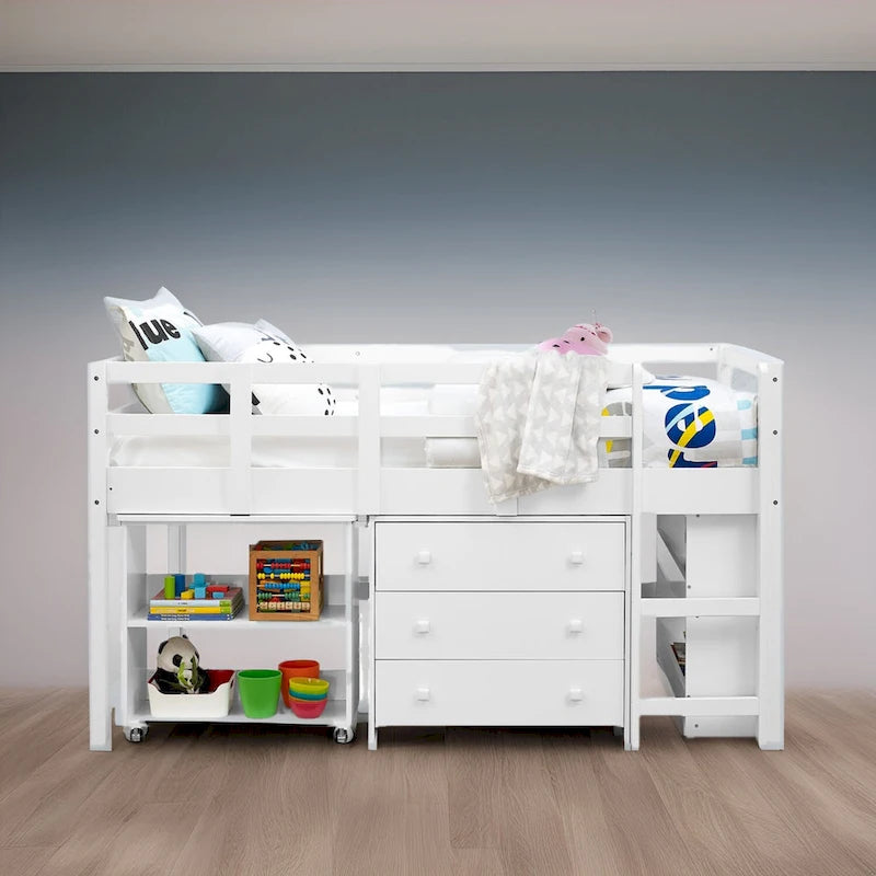 Twin Size Loft Bed with Pull-Out Desk, Storage, Ladder, Guard Rails & Bookcase Shelf - Wooden Kids Loft Bed