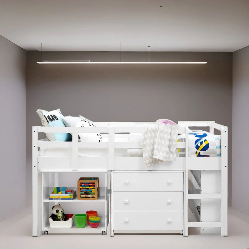 Twin Size Loft Bed with Pull-Out Desk, Storage, Ladder, Guard Rails & Bookcase Shelf - Wooden Kids Loft Bed