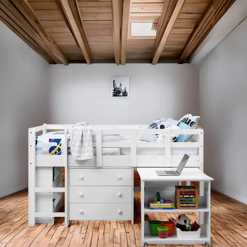 Twin Size Loft Bed with Pull-Out Desk, Storage, Ladder, Guard Rails & Bookcase Shelf - Wooden Kids Loft Bed