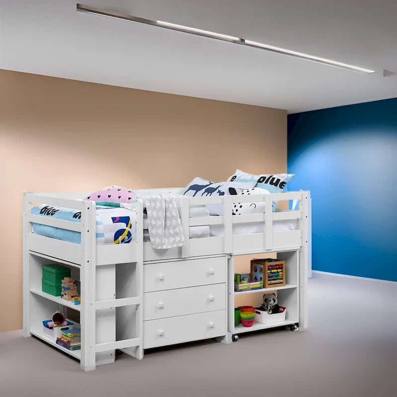 Twin Size Loft Bed with Pull-Out Desk, Storage, Ladder, Guard Rails & Bookcase Shelf - Wooden Kids Loft Bed
