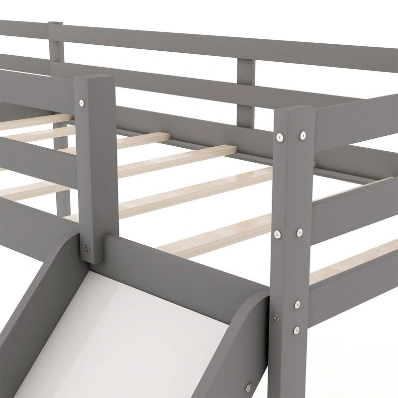 Wooden Twin Size L-Shaped Loft Bed with Ladder and Slide