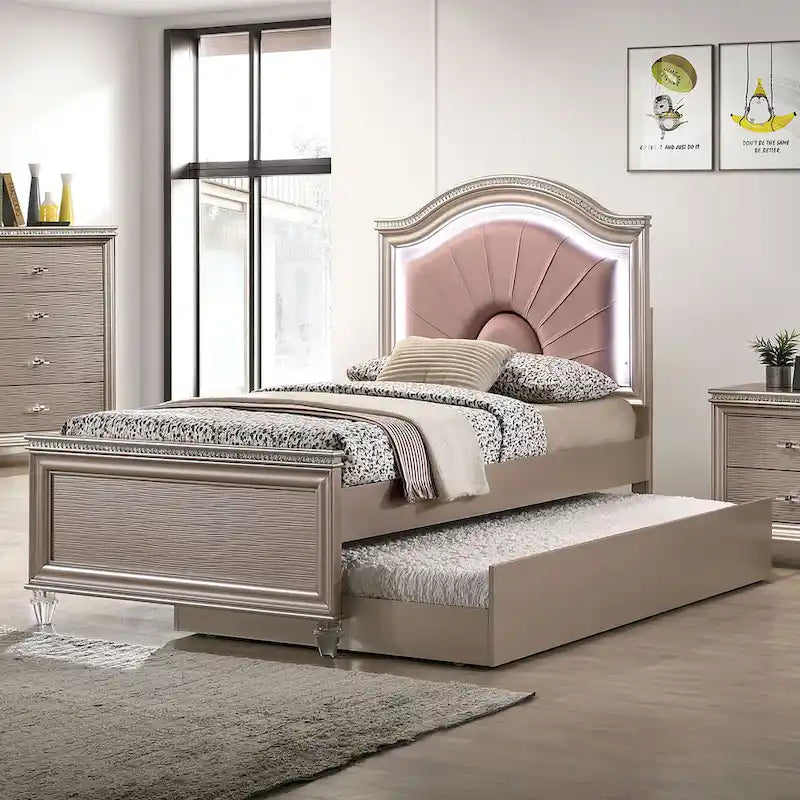 Glam Wood LED Light Youth Panel Bed with Trundle