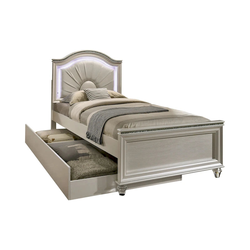 Glam Wood LED Light Youth Panel Bed with Trundle