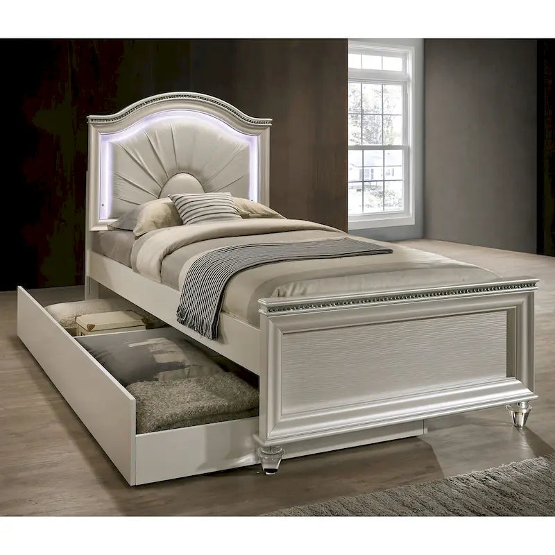 Glam Wood LED Light Youth Panel Bed with Trundle