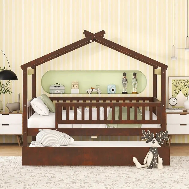 Full Size Wooden House Bed with Twin Size Trundle, Kid's Bed
