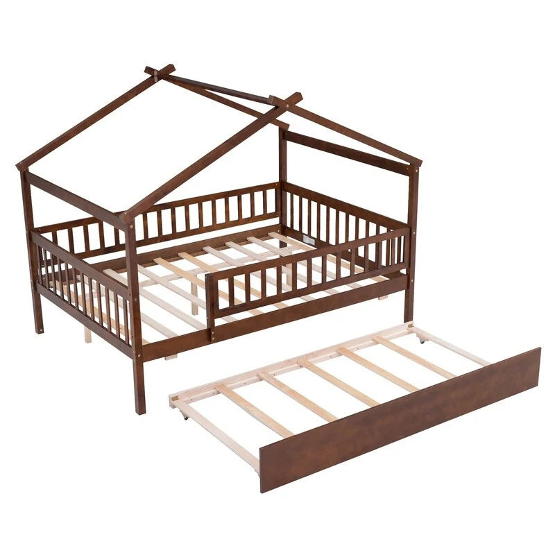 Full Size Wooden House Bed with Twin Size Trundle, Kid's Bed