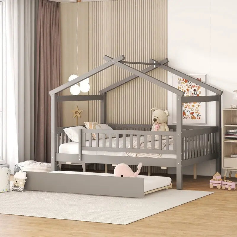 Full Size Wooden House Bed with Twin Size Trundle, Kid's Bed