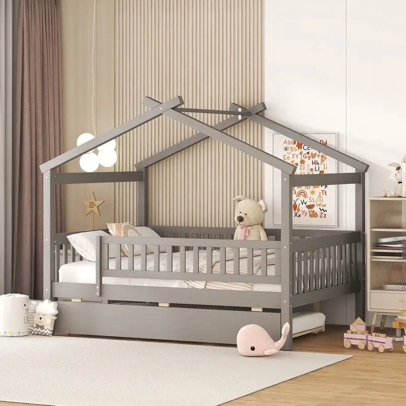 Full Size Wooden House Bed with Twin Size Trundle, Kid's Bed