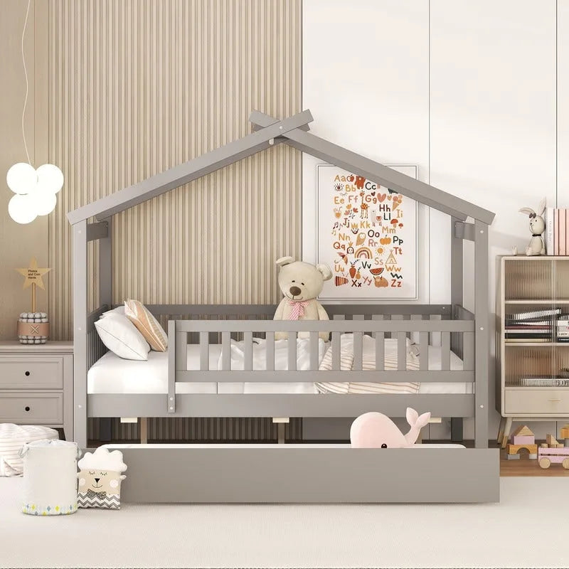 Full Size Wooden House Bed with Twin Size Trundle, Kid's Bed