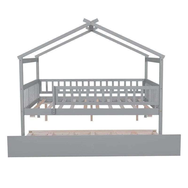 Full Size Wooden House Bed with Twin Size Trundle, Kid's Bed
