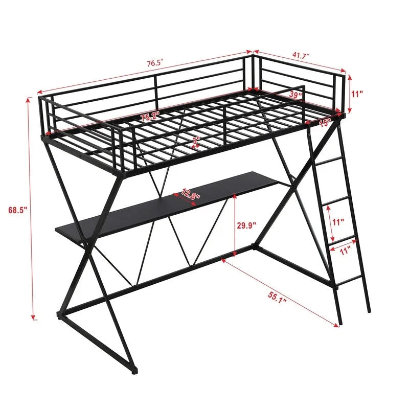 Lit mezzanine une place avec bureau, échelle et garde-corps pleine longueur, cadre en X, noir