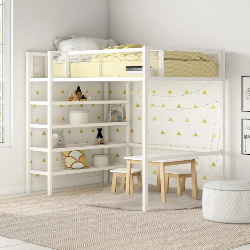 Metal Twin Storage Loft Bed with Bookcase