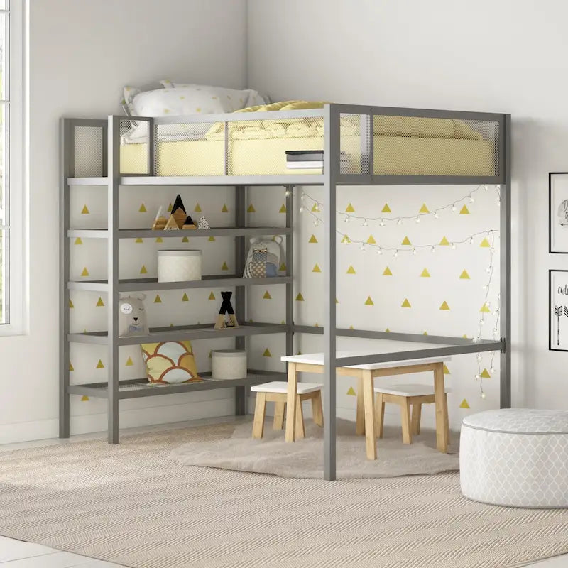 Metal Twin Storage Loft Bed with Bookcase