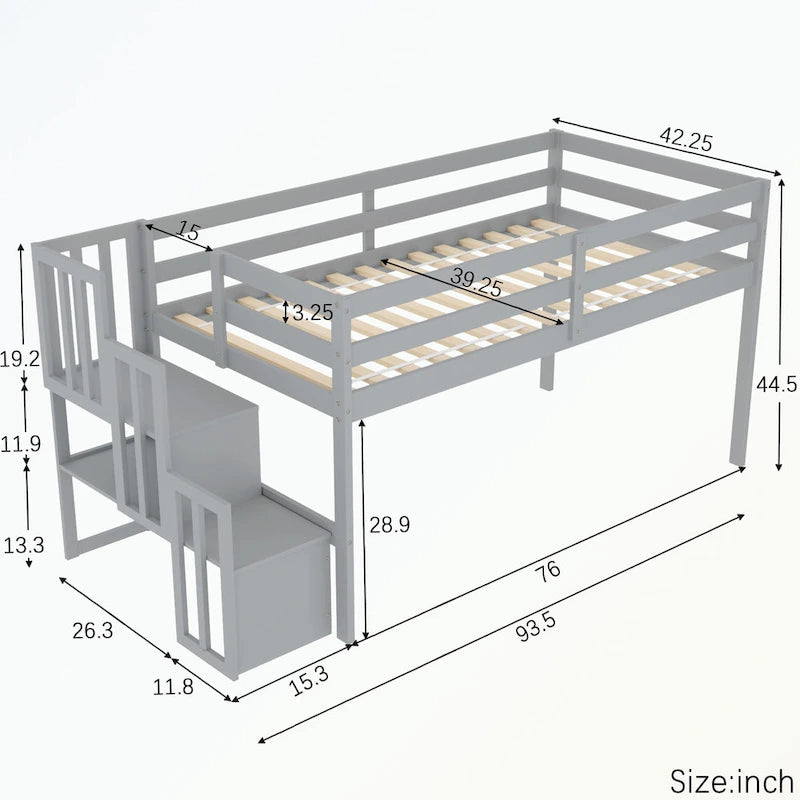Full Size Loft Bed with Shelves and Desk
