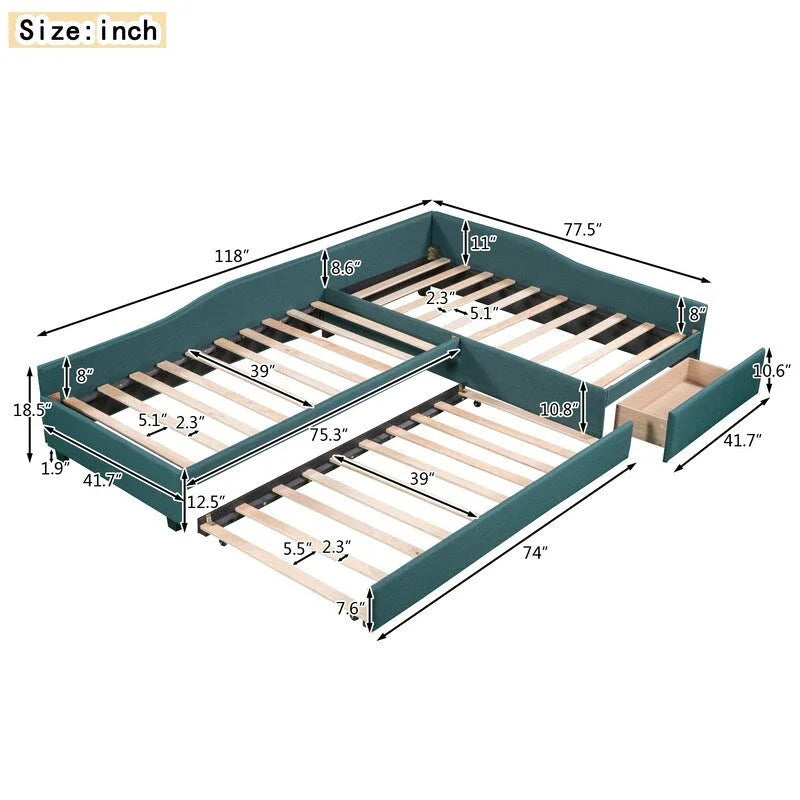 Upholstered Double Twin Size Daybed with Trundle and Drawer