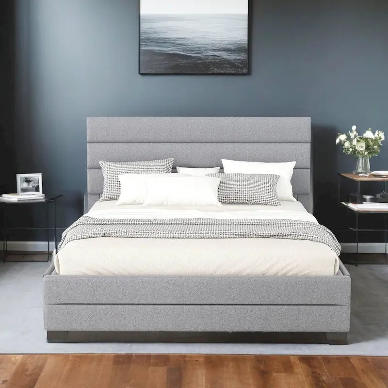 Queen Upholstered Platform Bed with Twin Size Trundle and Two Drawers