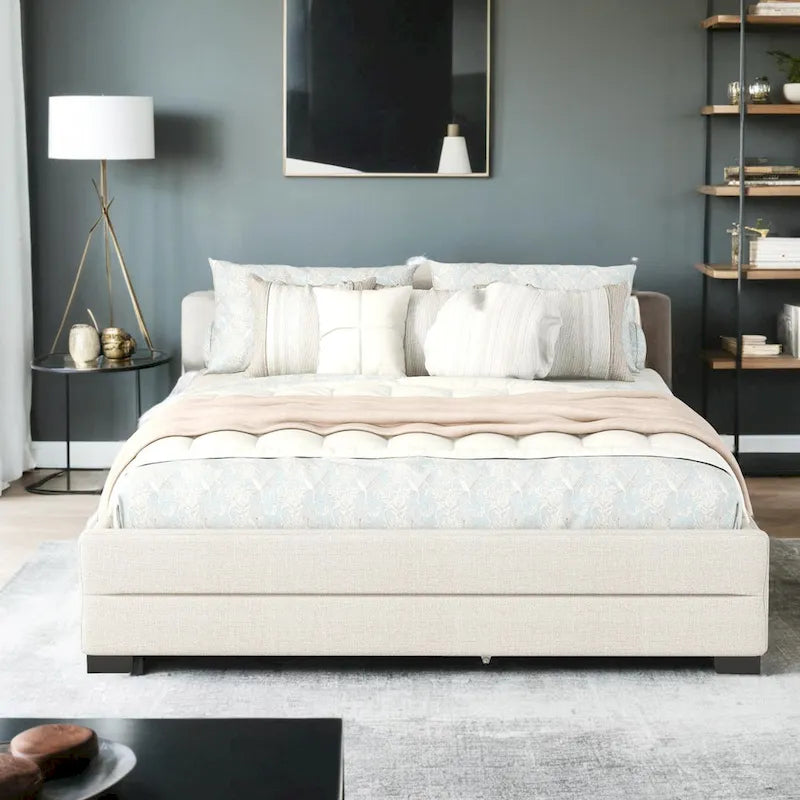 Queen Upholstered Platform Bed with Twin Size Trundle and Two Drawers
