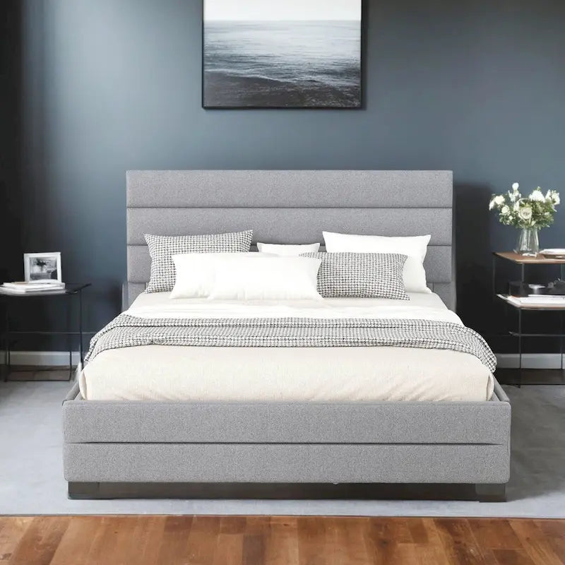 Queen Upholstered Platform Bed with Twin Size Trundle and Two Drawers
