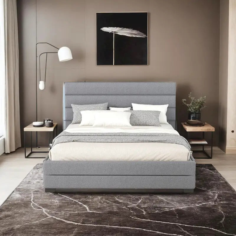Queen Upholstered Platform Bed with Twin Size Trundle and Two Drawers
