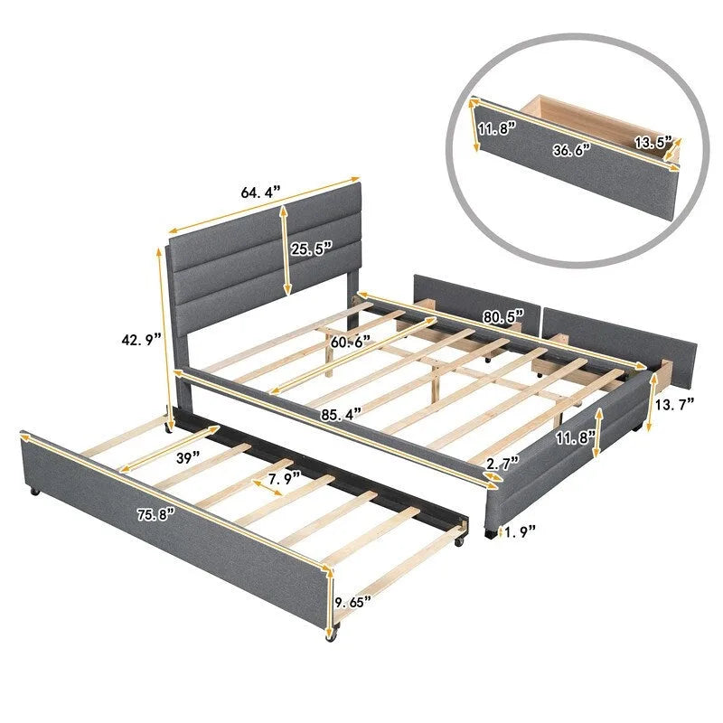 Queen Upholstered Platform Bed with Twin Size Trundle and Two Drawers