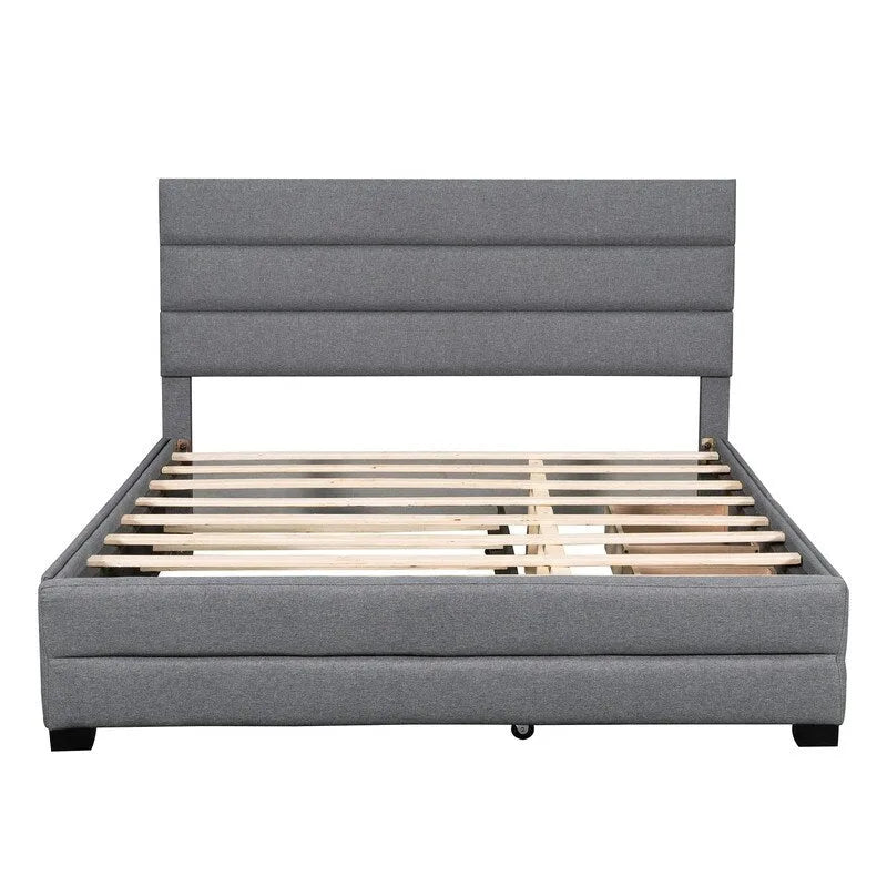 Queen Upholstered Platform Bed with Twin Size Trundle and Two Drawers