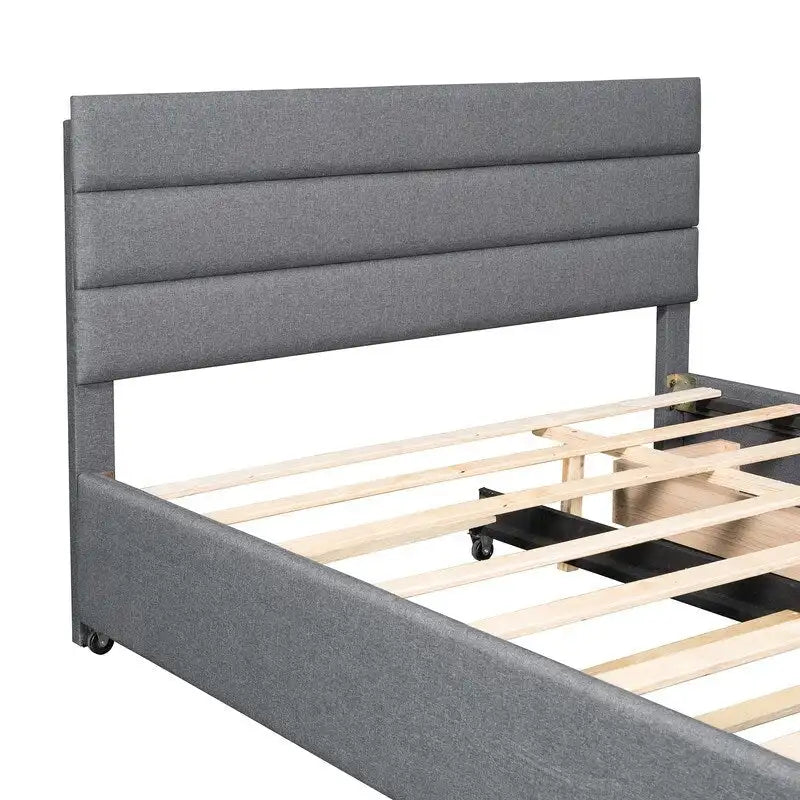 Queen Upholstered Platform Bed with Twin Size Trundle and Two Drawers