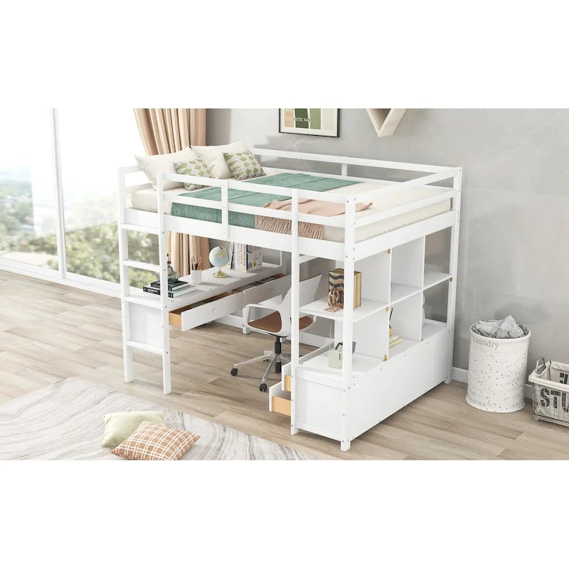 Full Size Loft Bed with Built-in Desk with Two Drawers, and Storage Shelves and Drawers,Gray