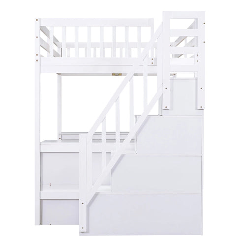 Lit mezzanine pleine grandeur avec bureau intégré en L et étagères de rangement à trois niveaux, et escalier de rangement attenant, blanc