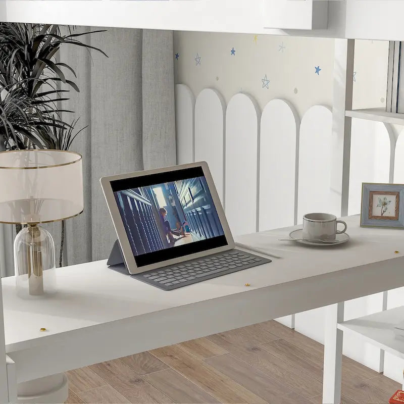 Full Loft Bed with Desk ,Shelves and Ladder, Grey