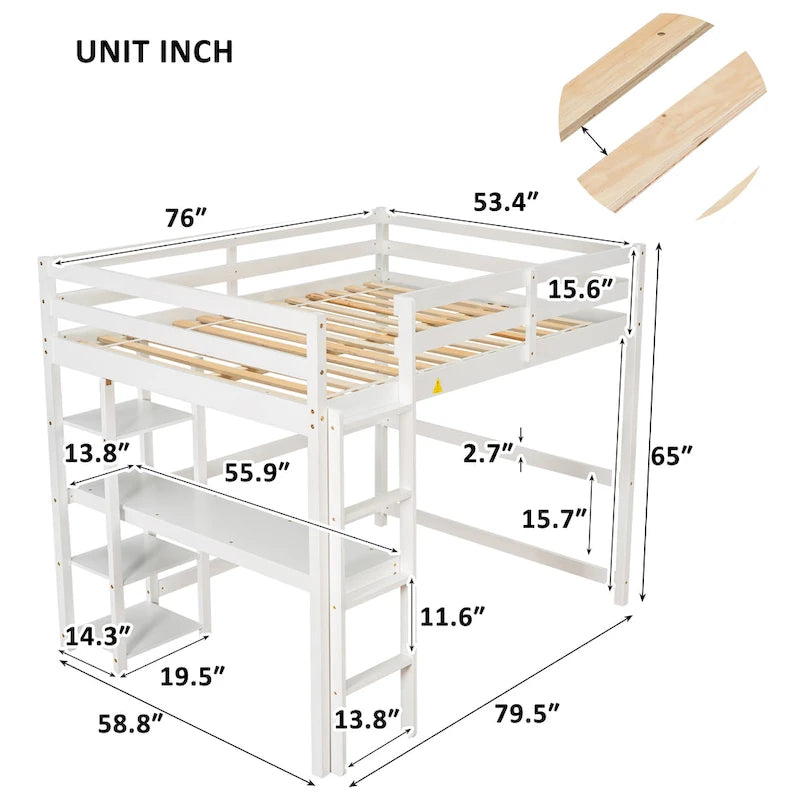 Full Loft Bed with Desk ,Shelves and Ladder, Grey