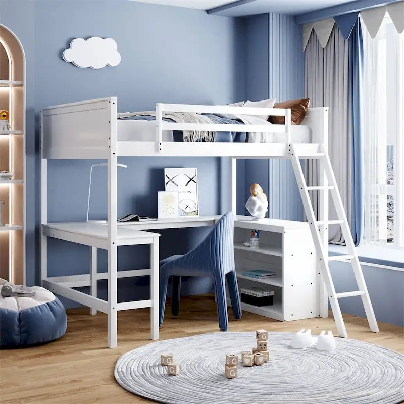 Lit mezzanine double Merax avec étagères et bureau