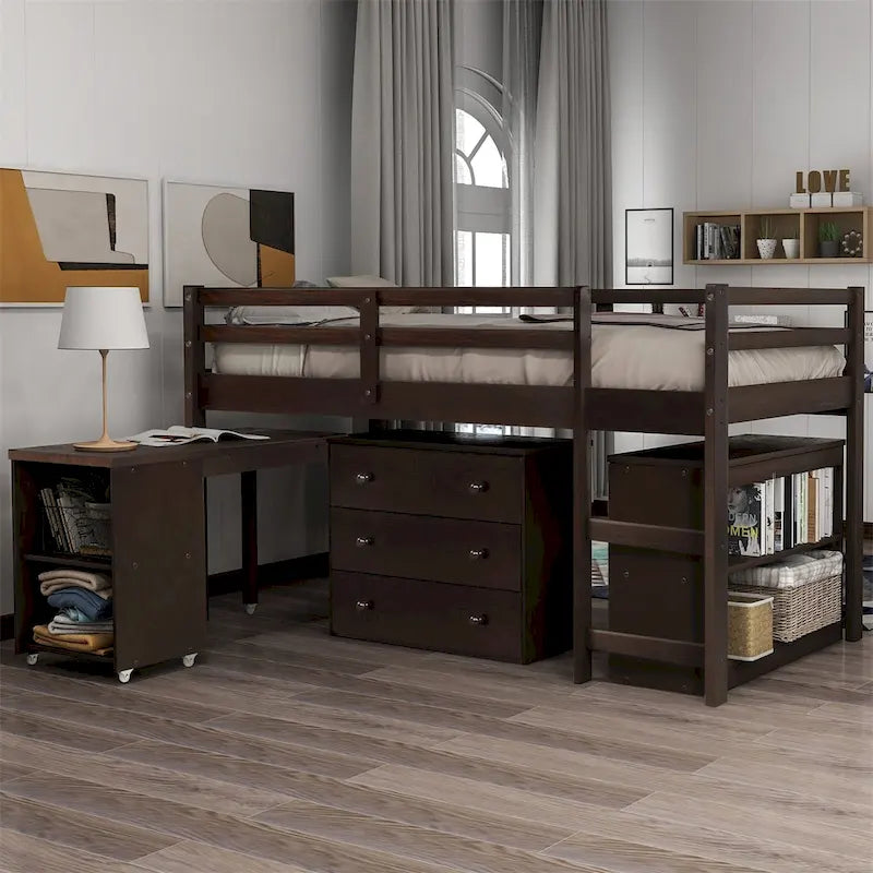 Twin Low Loft Bed with Desk and Cabinet