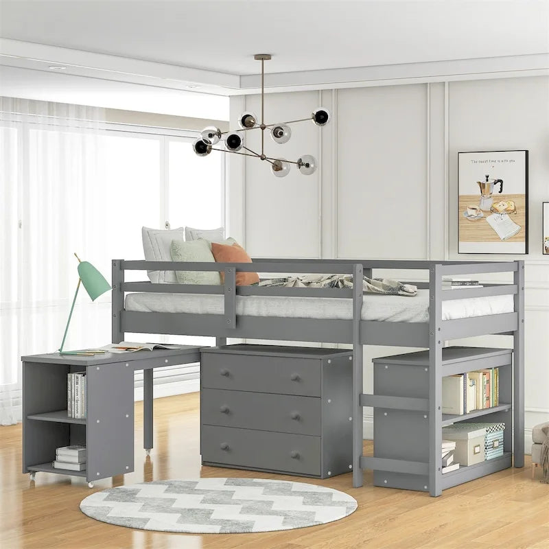 Twin Low Loft Bed with Desk and Cabinet