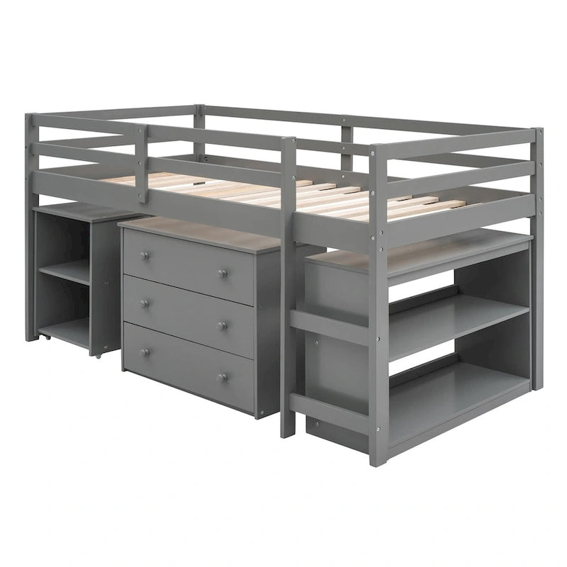 Twin Low Loft Bed with Desk and Cabinet