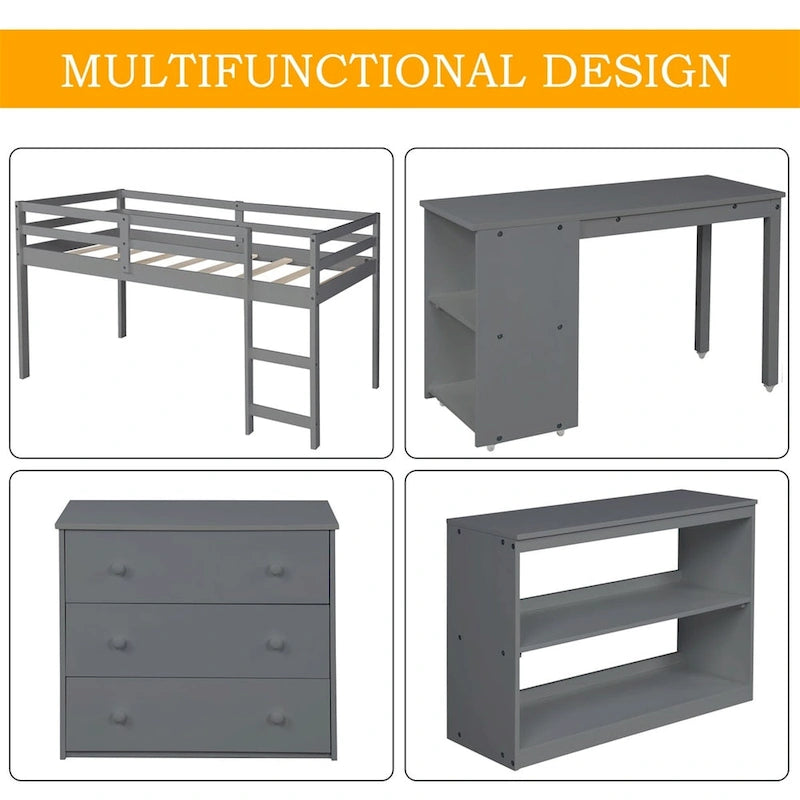 Lit mezzanine double avec bureau et armoire de rangement