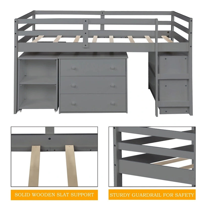 Lit mezzanine double avec bureau et armoire de rangement