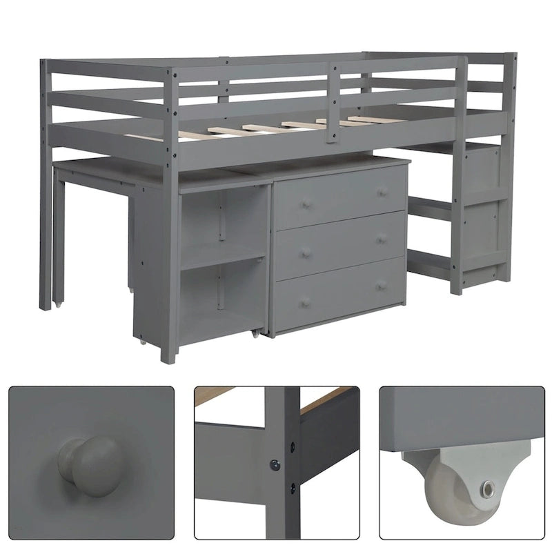 Twin Low Loft Bed with Desk and Cabinet