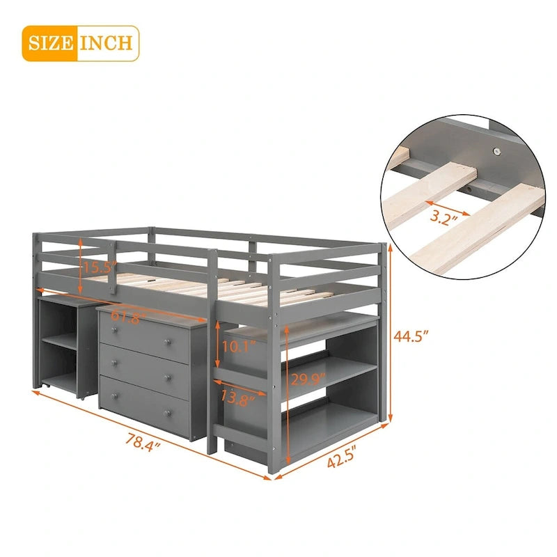 Lit mezzanine double avec bureau et armoire de rangement