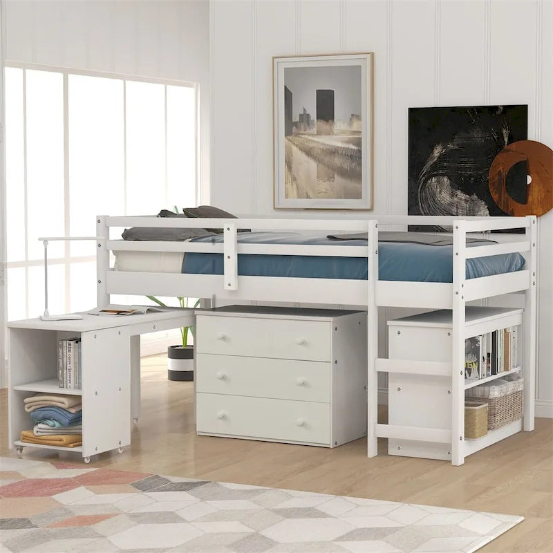 Lit mezzanine double avec bureau et armoire de rangement