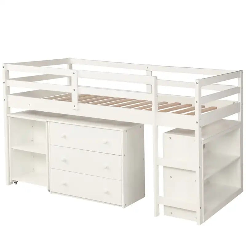 Lit mezzanine double avec bureau et armoire de rangement