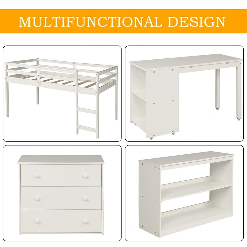 Lit mezzanine double avec bureau et armoire de rangement
