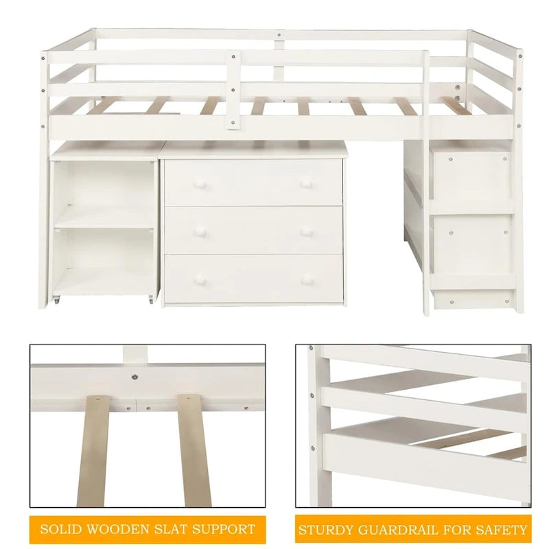 Lit mezzanine double avec bureau et armoire de rangement