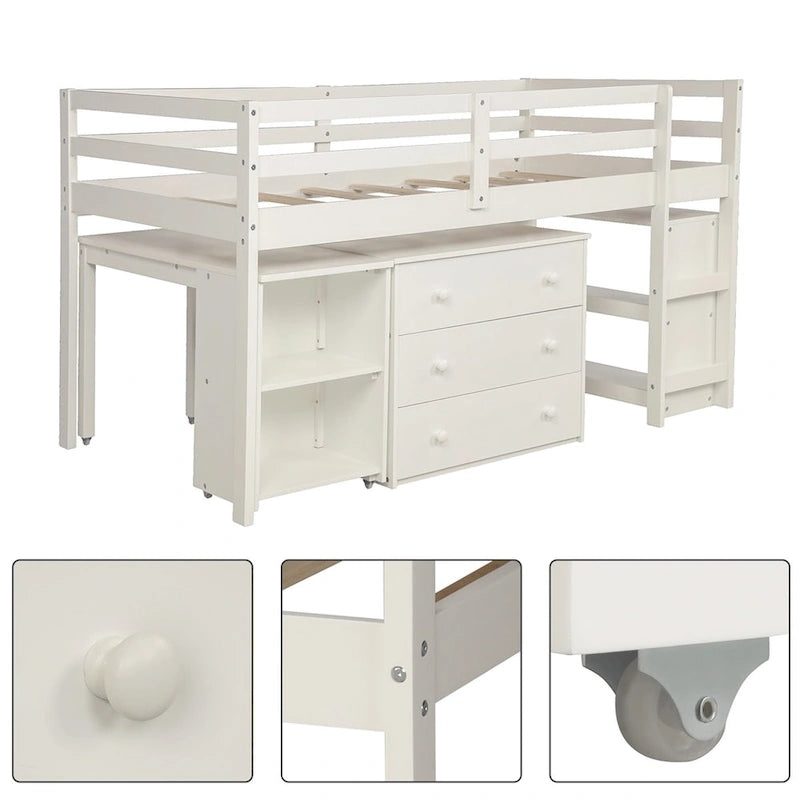 Lit mezzanine double avec bureau et armoire de rangement