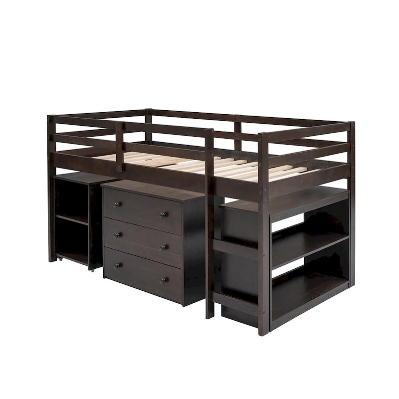 Lit mezzanine double avec bureau et armoire de rangement