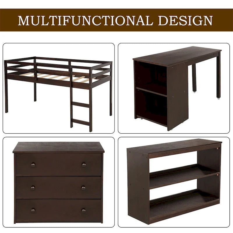 Lit mezzanine double avec bureau et armoire de rangement