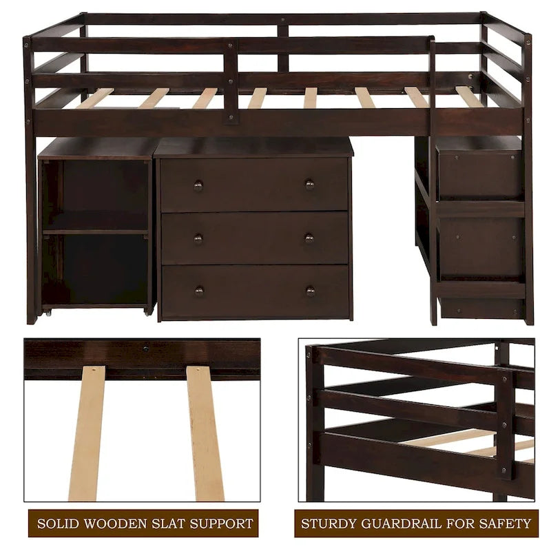 Lit mezzanine double avec bureau et armoire de rangement