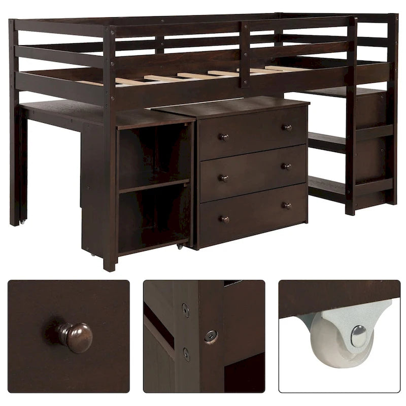 Lit mezzanine double avec bureau et armoire de rangement