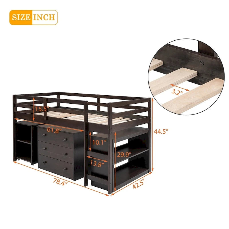 Lit mezzanine double avec bureau et armoire de rangement