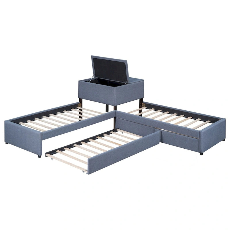 L-shaped Upholstered Platform Bed with Trundle and Two Drawers Linked with Built-in Desk