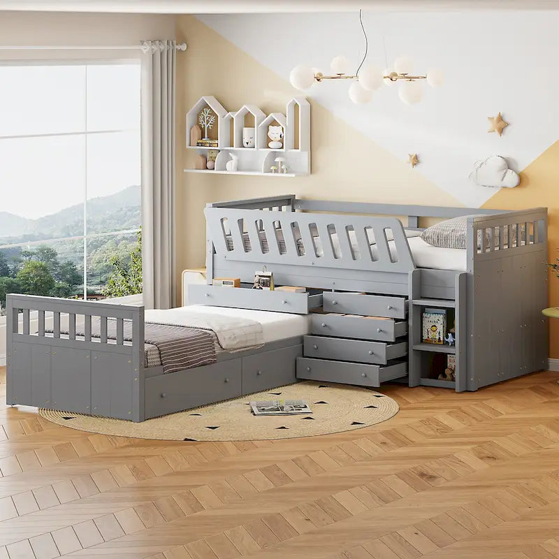 L-shaped Space-Saving Loft and Platform Bed with 7 Drawers and Full Guardrails